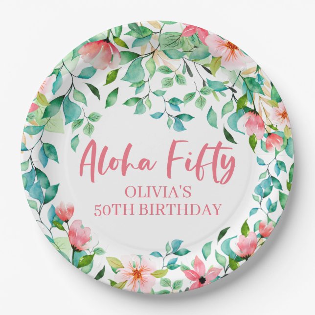 Aloha Fifty Tropical Luau 50th Birthday Paper Plate (Front)