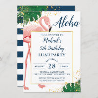Aloha Flamingo Blue Gold Tropical Luau Birthday