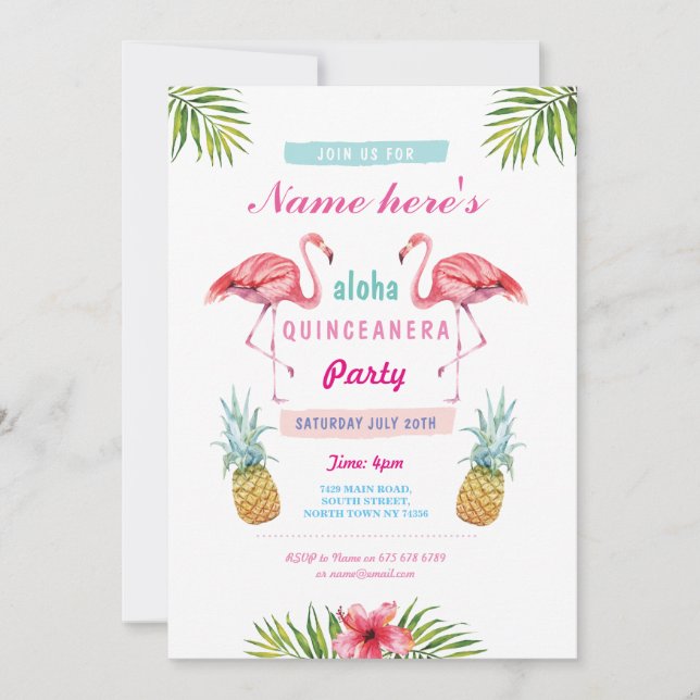 Aloha Flamingo Quinceanera Birthday Party Invite (Front)
