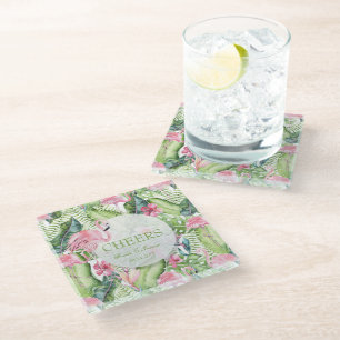 Aloha Flamingo Tropical Beach Wedding Glass Coaster