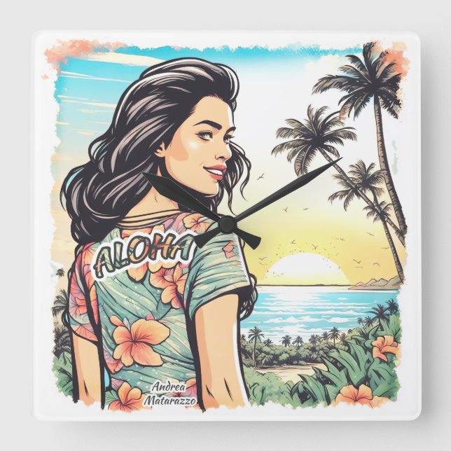 Aloha Girl Square Wall Clock (Front)