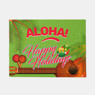 ALOHA Happy Holidays with Ukulele and Palm Doormat