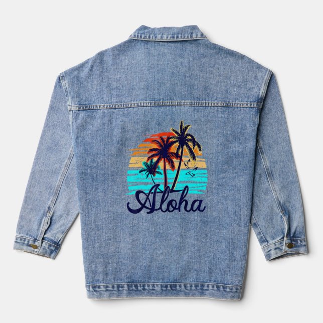 Aloha Hawaii Hawaiian Island  Palm Beach Surfboard Denim Jacket (Back)
