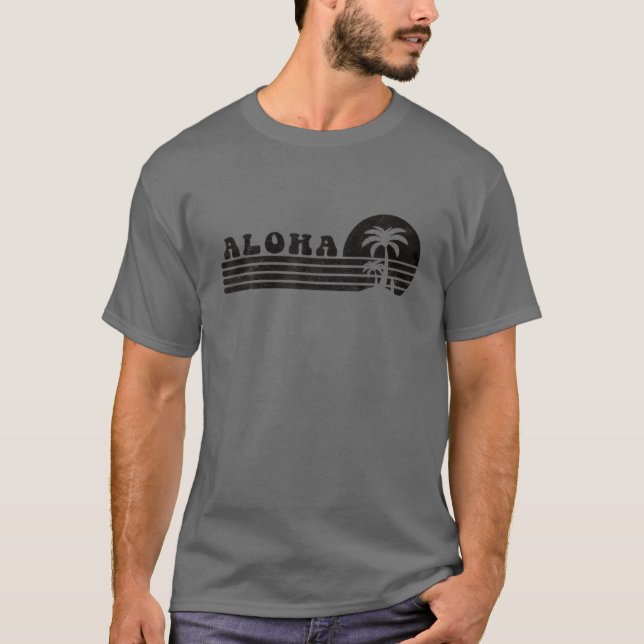 Aloha Hawaii HI Hawaiian Island Palm Tree Surfboar T-Shirt (Front)