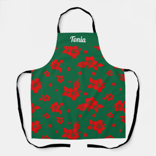 Aloha Hawaii Red on Green Christmas Pattern Apron
