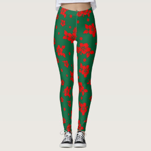 Aloha Hawaii Red on Green Christmas Pattern Leggings
