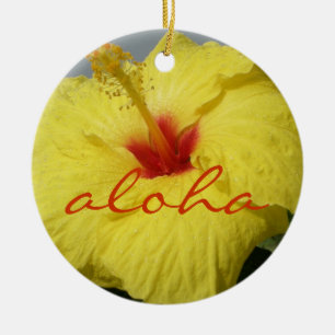 Aloha, Hawaii Yellow Hibiscus Ceramic Tree Decoration