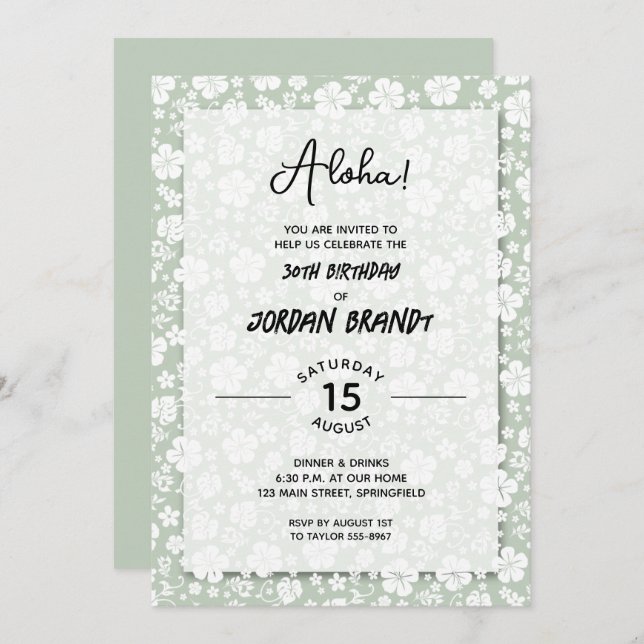 Aloha Hawaiian Floral Sage Birthday Party Invitation (Front/Back)