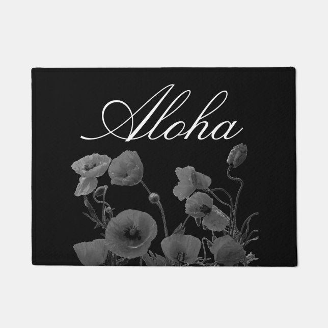 Aloha Hawaiian Hibiscus Flower Floral Black White Doormat (Front)