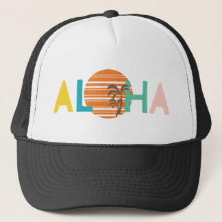 "Aloha" Hawaiian Multicolor Beach Sunset Palm Tree Trucker Hat