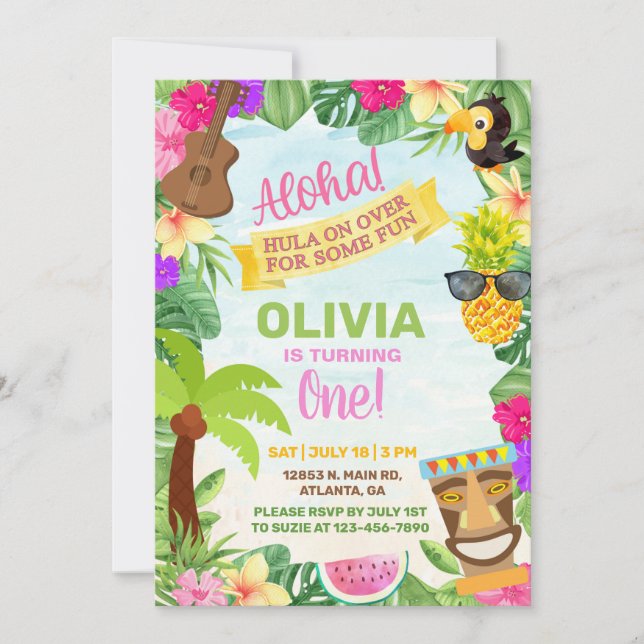 Aloha hawaiian tropical beach girl birthday invite (Front)