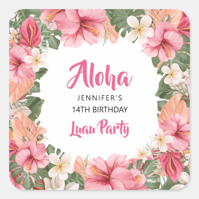 Aloha Hawaiian Tropical Hibiscus Luau Party Square Sticker (Front)