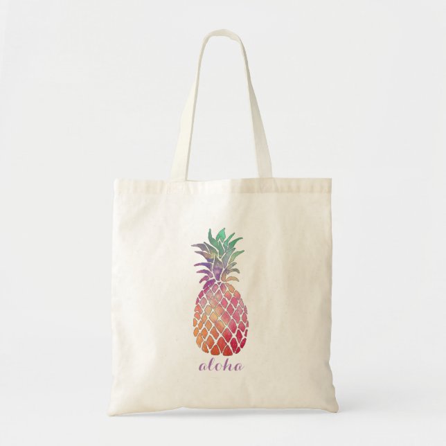 aloha hawaiian tropical watercolor pineapple tote bag (Front)