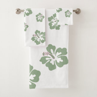Aloha hibiscus floral pattern white and sage green bath towel set