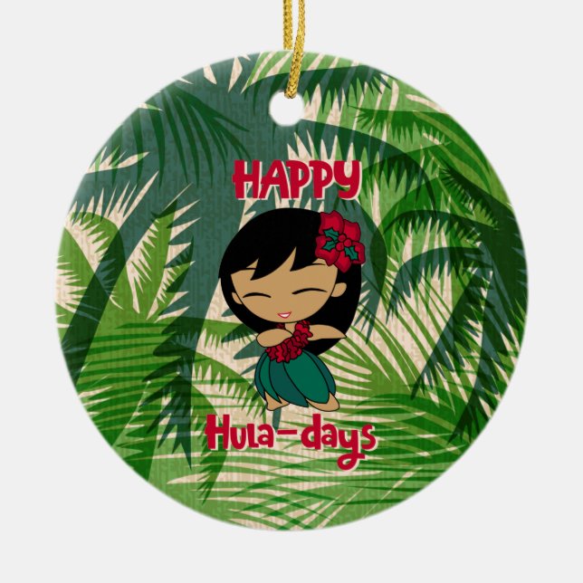 Aloha Honeys Christmas Holiday Hula Girl Palms Ceramic Tree Decoration (Front)