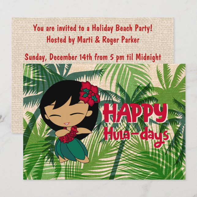  Aloha Honeys Christmas Holiday Hula Girl Palms Invitation (Front/Back)