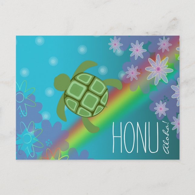Aloha Honu Beautiful Sea Turtle Rainbow and Flower Postcard (Front)