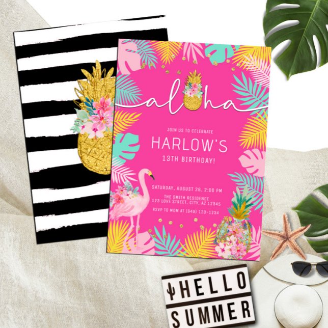 Aloha Hot Pink Tropical Luau Flamingo Birthday Invitation (Creator Uploaded)