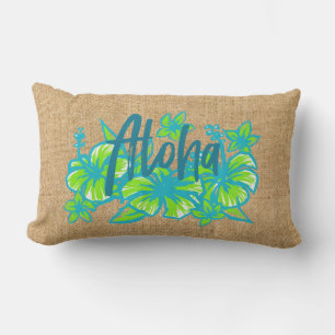 Aloha Kakahiaka Hawaiian Hibiscus Faux Grass Cloth Lumbar Cushion