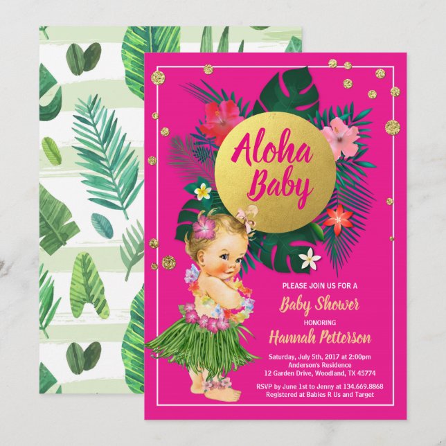 Aloha luau baby girl shower invitation hot pink (Front/Back)