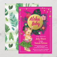 Aloha luau baby girl shower invitation hot pink
