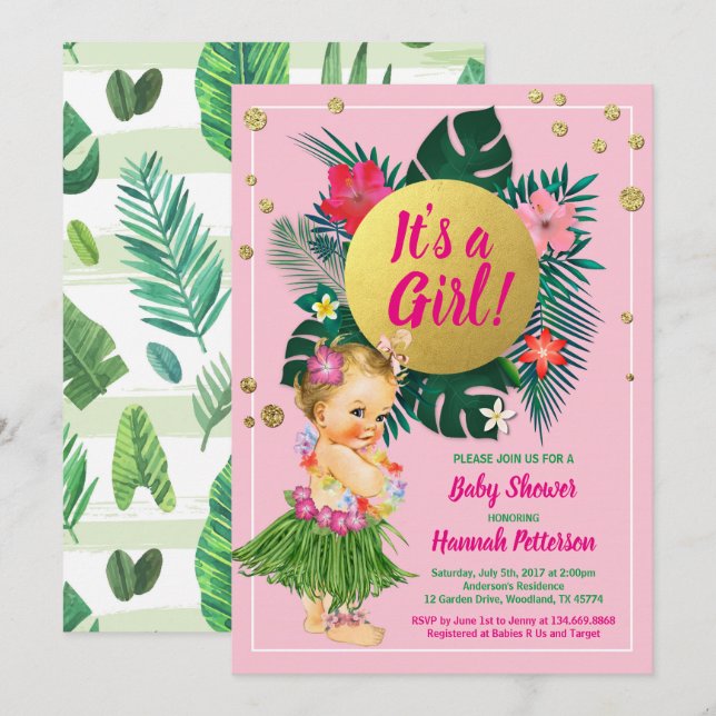 Aloha luau baby girl shower invitation pink gold (Front/Back)