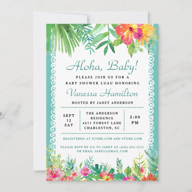 Aloha Luau Baby Shower Tropical Invitation Teal (Front)