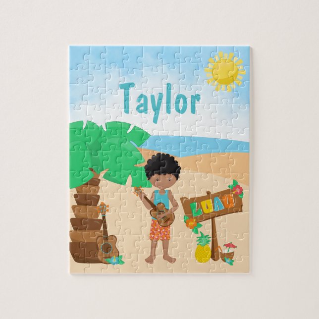 Aloha Luau Beach African American Boy Jigsaw Puzzl Puzzle (Vertical)