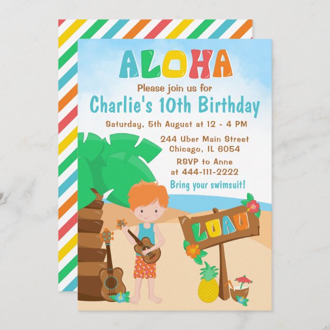 Aloha Luau Beach Birthday Red Hair Boy Invitation (Front/Back)