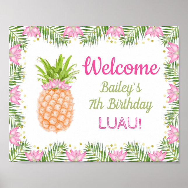 Aloha Luau Birthday Party Decor Pink Gold Welcome (Front)