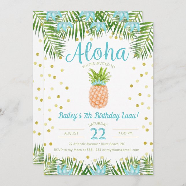 Aloha Luau Birthday Tropical Pineapple in Blue Invitation (Front/Back)