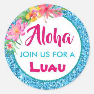 Aloha Luau Blue Glitter Tropical Hibiscus Classic Round Sticker