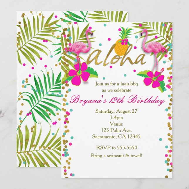 Aloha Luau Girls Tropical Flamingo Birthday Party Invitation (Front/Back)