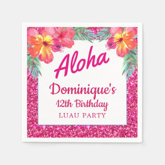 Aloha Luau Party Glitter Tropical Hibiscus Paper Napkin