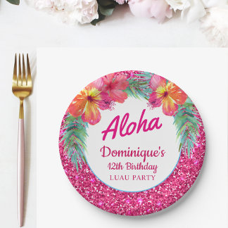 Aloha Luau Party Glitter Tropical Hibiscus Paper Plate