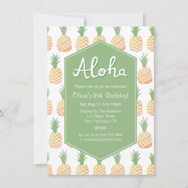 Aloha Luau Pineapple Birthday Party Invitations (Front)