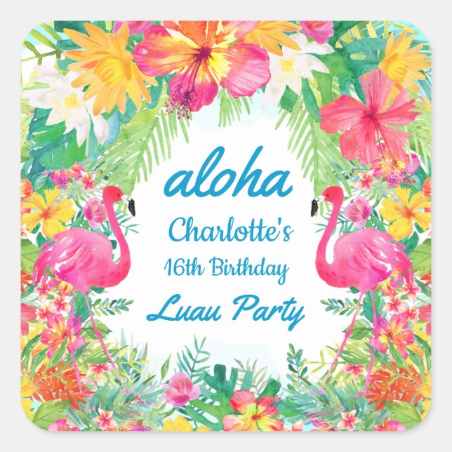 Aloha Luau Tropical Flamingo Birthday Blue  Square Sticker (Front)
