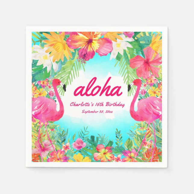 Aloha Luau Tropical Flamingo Birthday Party Paper Napkin (Front)