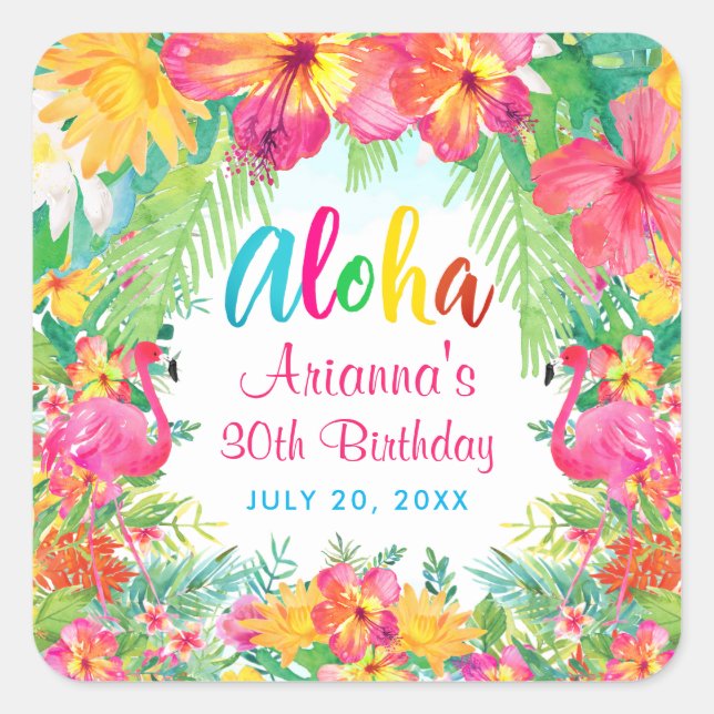 Aloha Luau Tropical Flamingo Birthday  Square Sticker (Front)