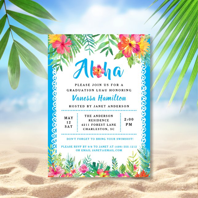 Aloha Luau Tropical Graduation Blue Invitation (Creator Uploaded)