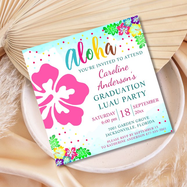 Aloha Luau Tropical Hibiscus Square Graduation Invitation (Creator Uploaded)