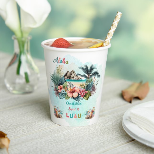 Aloha Luau Tropical Island Beach Sweet 16 Party Paper Cups (Insitu)