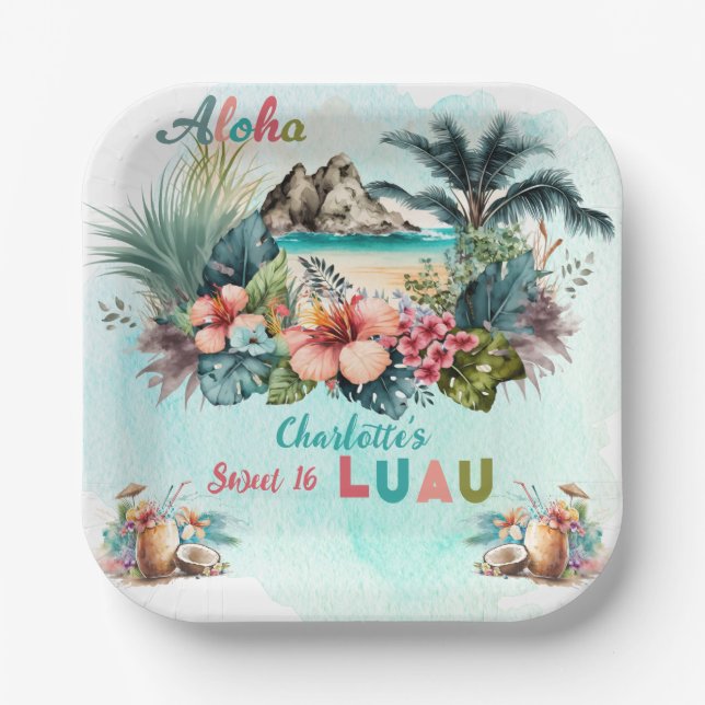 Aloha Luau Tropical Island Beach Sweet 16 Party Paper Plate (Front)