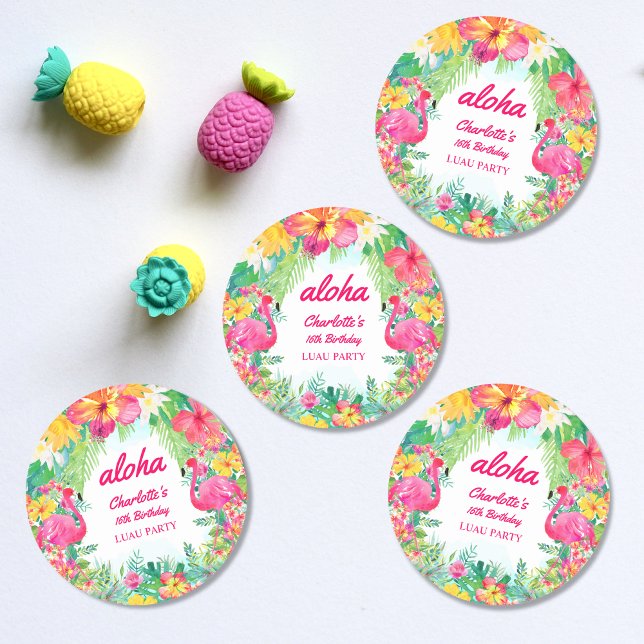 Aloha Luau Tropical Pink Flamingo Birthday Party  Classic Round Sticker (Creator Uploaded)