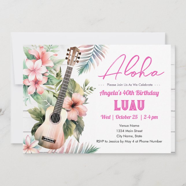 Aloha Luau ukulele Adult Birthday Invitation (Front)