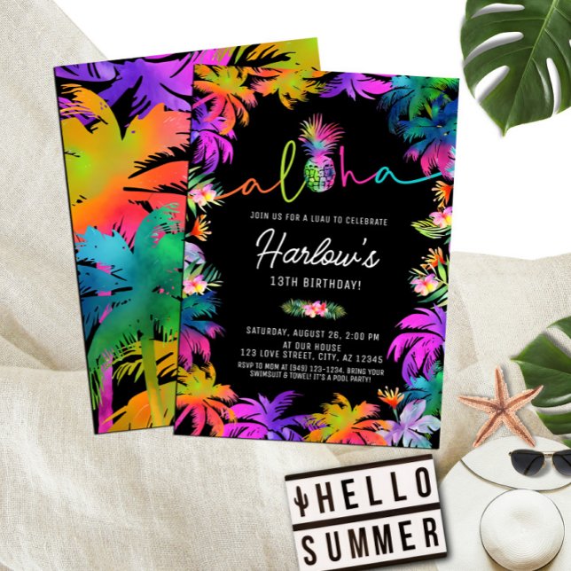 Aloha Neon Tropical Luau Summer Fun Birthday Invitation (Creator Uploaded)