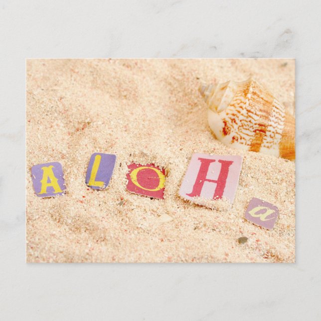 Aloha on a sandy beach with seashells postcard (Front)