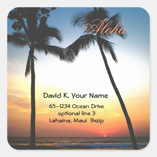 Aloha Palm Tree Address Square Sticker (Front)