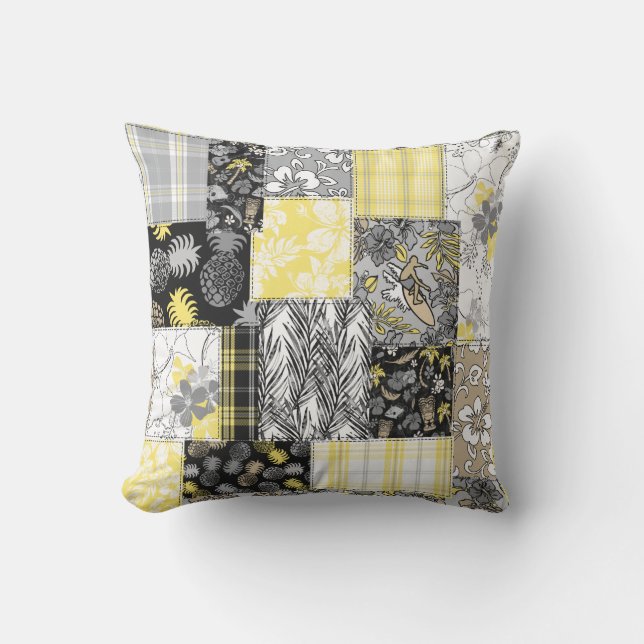 Aloha Patchwork Hawaiian Tropical Prints - Neutral Cushion (Front)