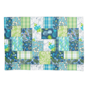 Aloha Patchwork Hawaiian Tropical Prints - Teal Pillowcase
